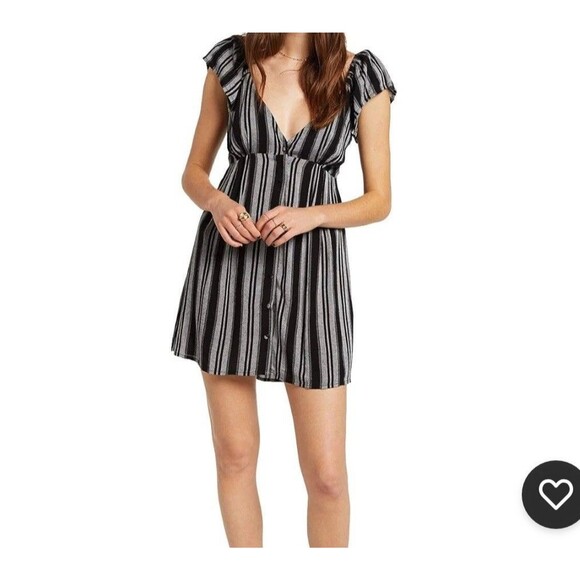 VOLCOM True To This Mini Dress M Ruffle Sleeve Stripes Sexy Babydoll button up - Picture 2 of 9